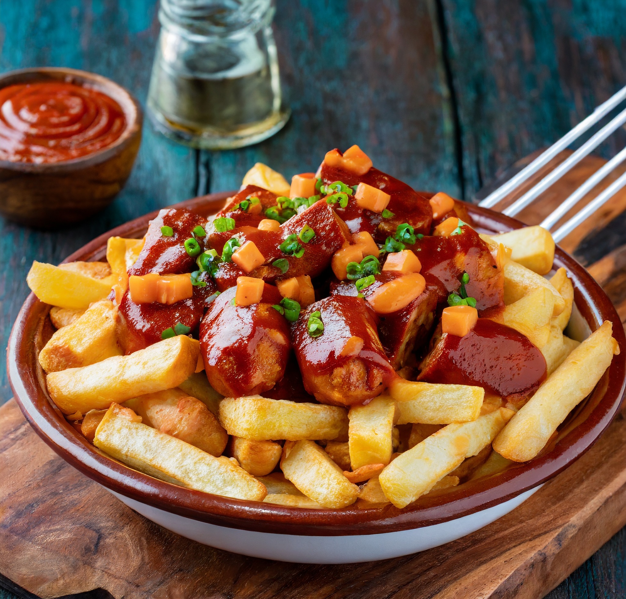 Firefly Chorizo Poutine = Spicy chorizo grilled, placed on top of crispy fries covered in 100- Canad Chorizo Poutine