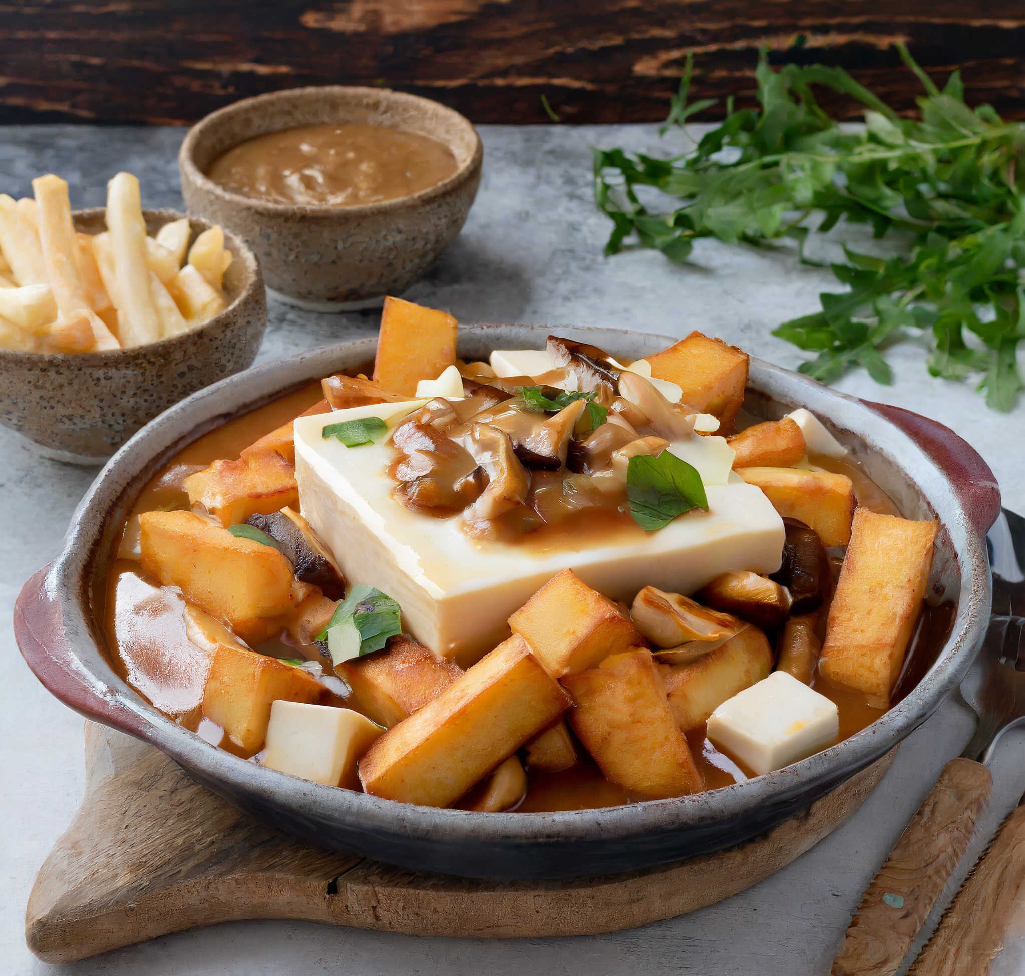 Firefly Vegetarian poutine that is Grilled paneer served with cured cheese and veggie gravy or mushr Vegetarian poutine